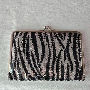 Amici Accessories Zebra Sequin Kiss Lock Wallet Black Silver Clutch Checkbook